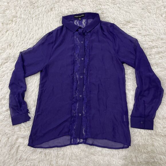 FREE CULTURE Sheer lace Top Button Up Shirt Women L Fairy Boho Whimsy Romantic - Picture 3 of 16